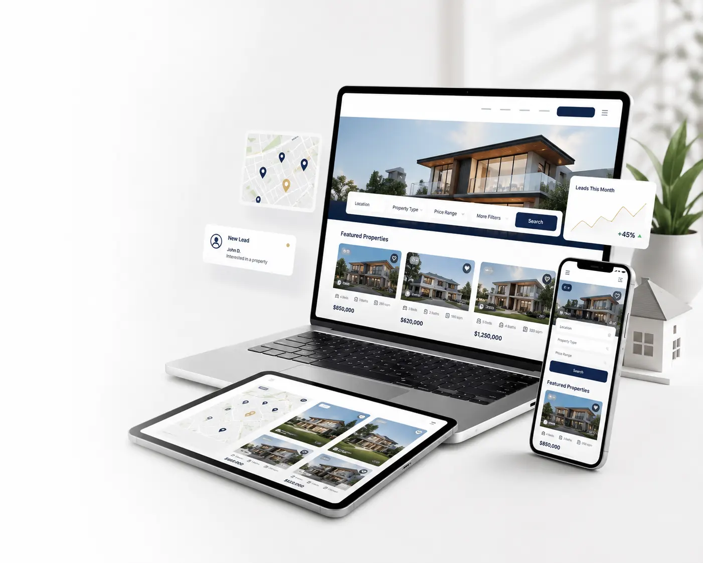 Custom real estate agent website displayed on desktop, tablet, and mobile devices with responsive property listings and modern web design.