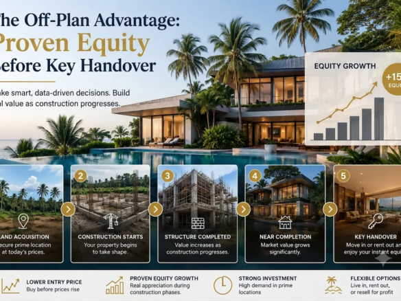 Infographic explaining off-plan property investment in Koh Samui, showing a 5-step process from land acquisition to key handover with a 15% equity growth chart in front of a luxury oceanfront villa.