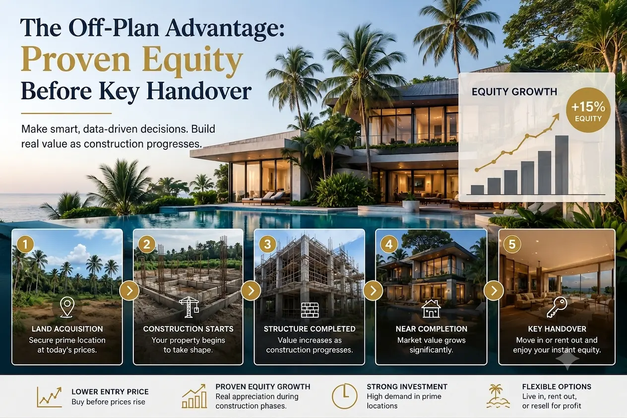 Infographic explaining off-plan property investment in Koh Samui, showing a 5-step process from land acquisition to key handover with a 15% equity growth chart in front of a luxury oceanfront villa.