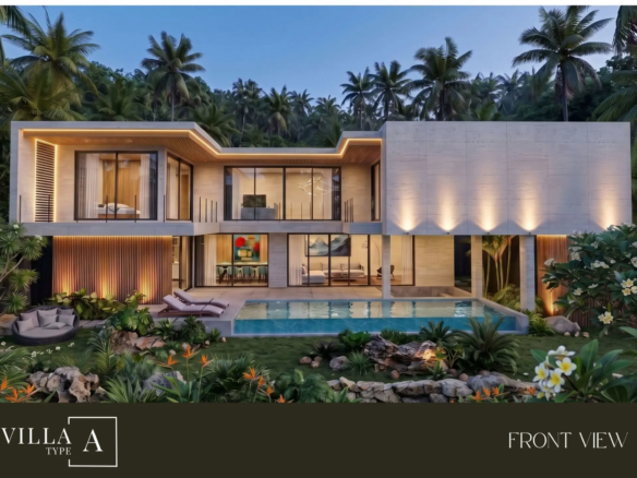 Exterior front view of a luxury 2-story modern tropical pool villa at dusk with warm lighting, private swimming pool, and tropical garden at Success Luxury Villas.