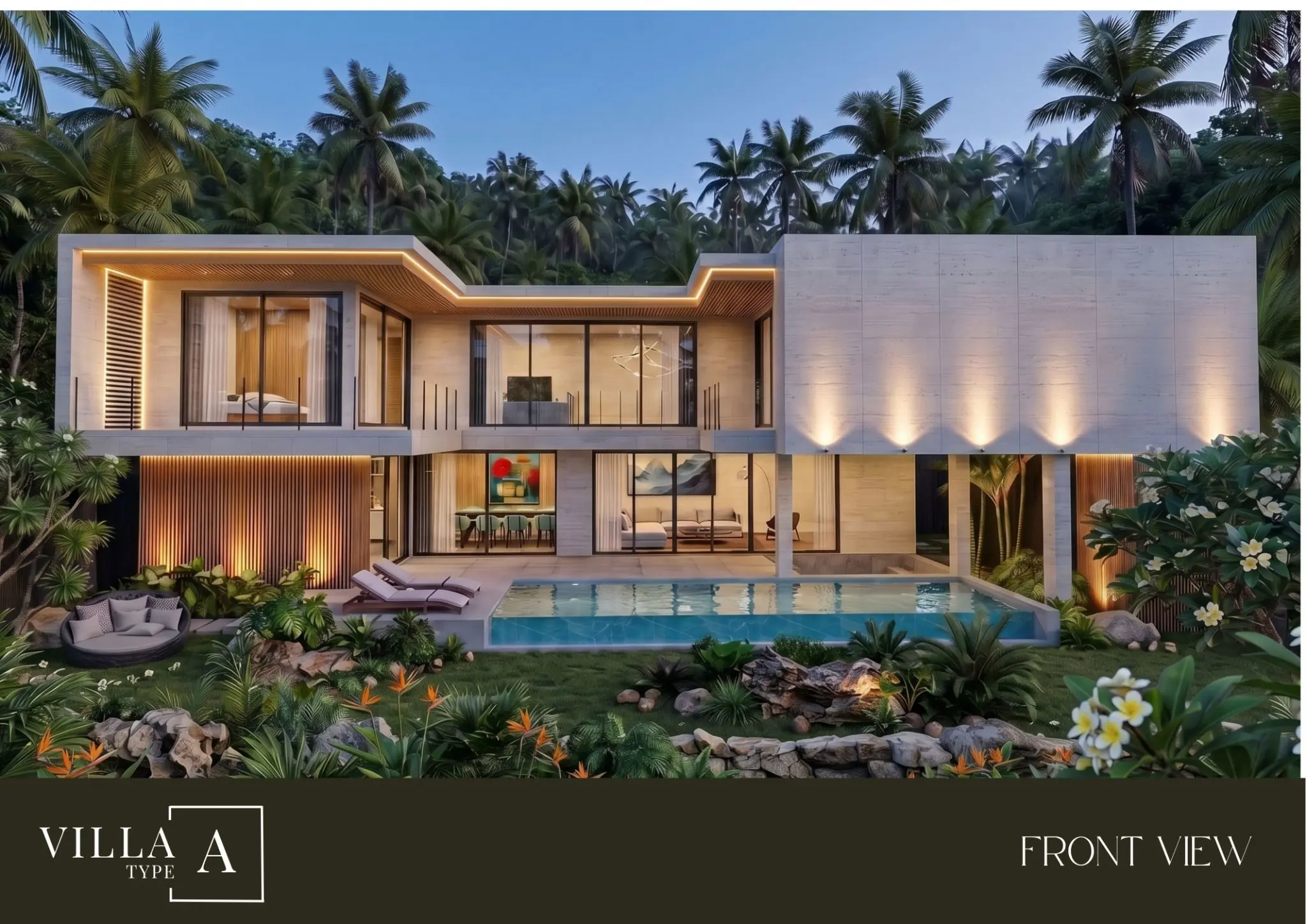 Exterior front view of a luxury 2-story modern tropical pool villa at dusk with warm lighting, private swimming pool, and tropical garden at Success Luxury Villas.
